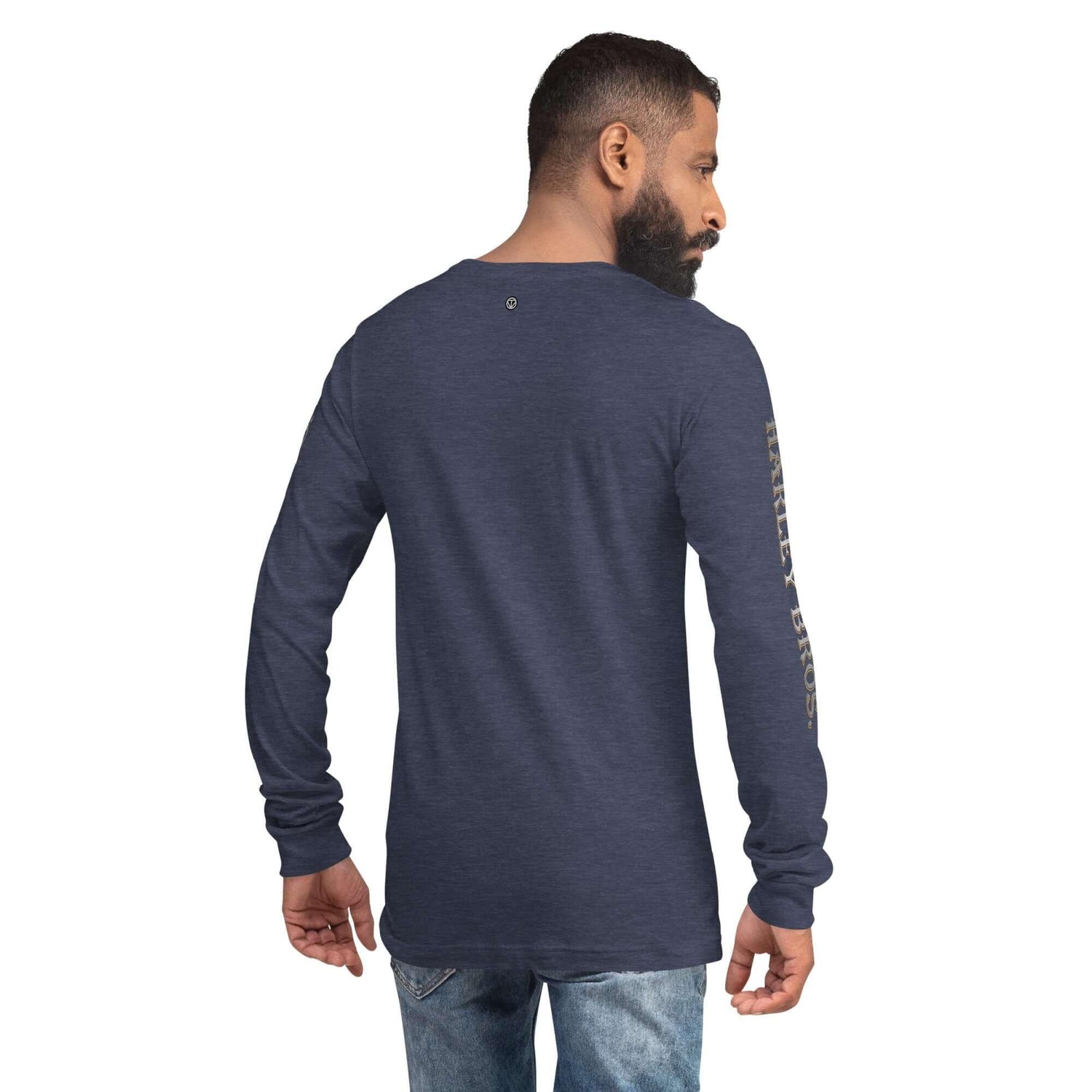 Unisex Langarmshirt Heather Navy Rückansicht, bedruckter Ärmel, Jeans, schlichtes Design