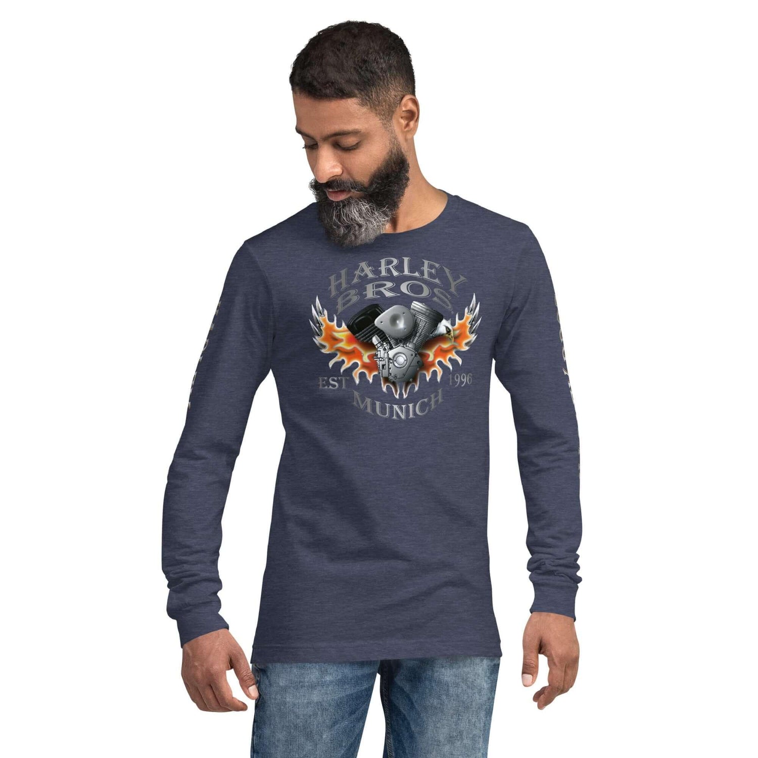 Unisex Langarmshirt in Heather Navy mit Harley Bros Munich Print und Flammenmotiv