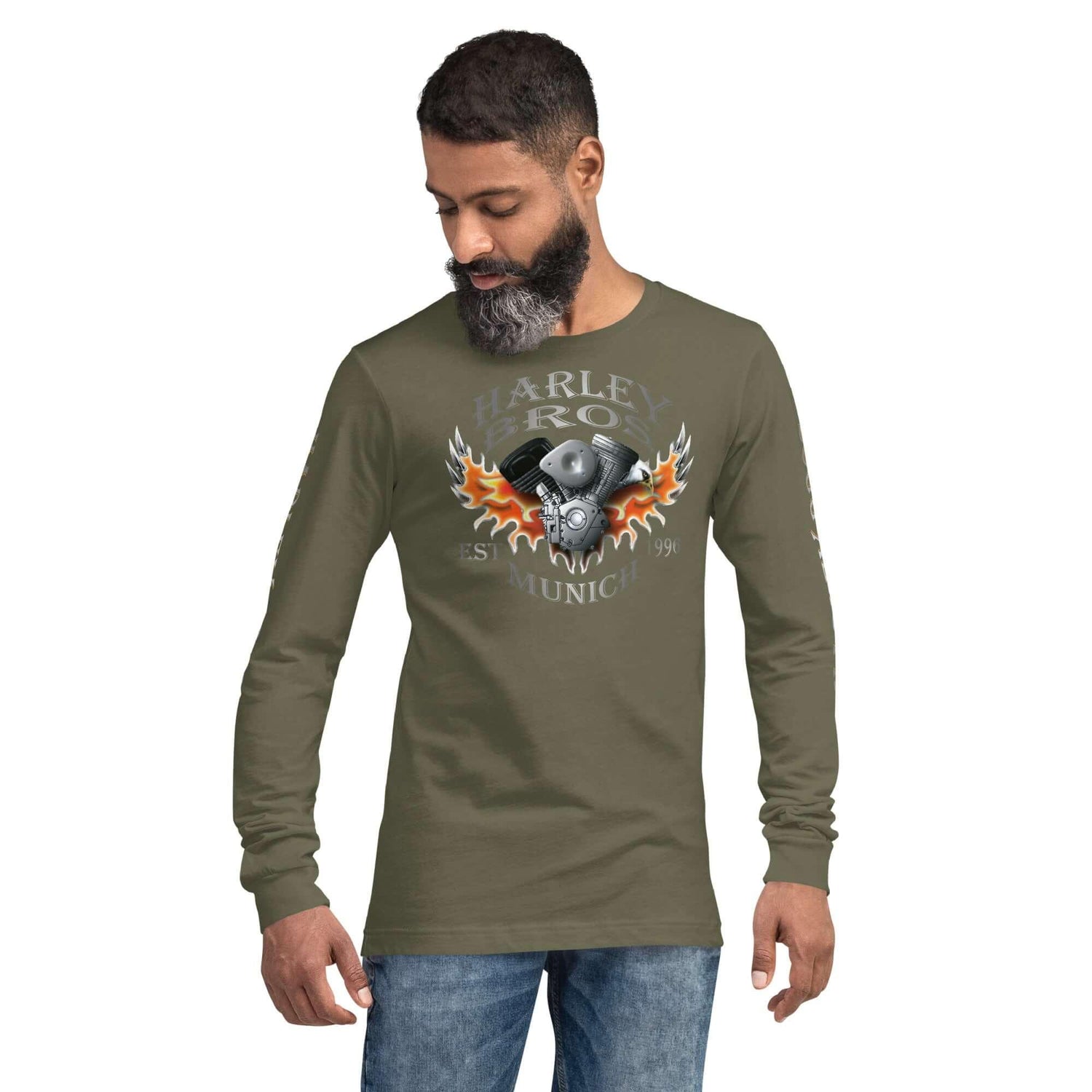 Unisex Langarmshirt Military Green mit Harley Motorrad-Motiv und Flammenprint, Frontansicht