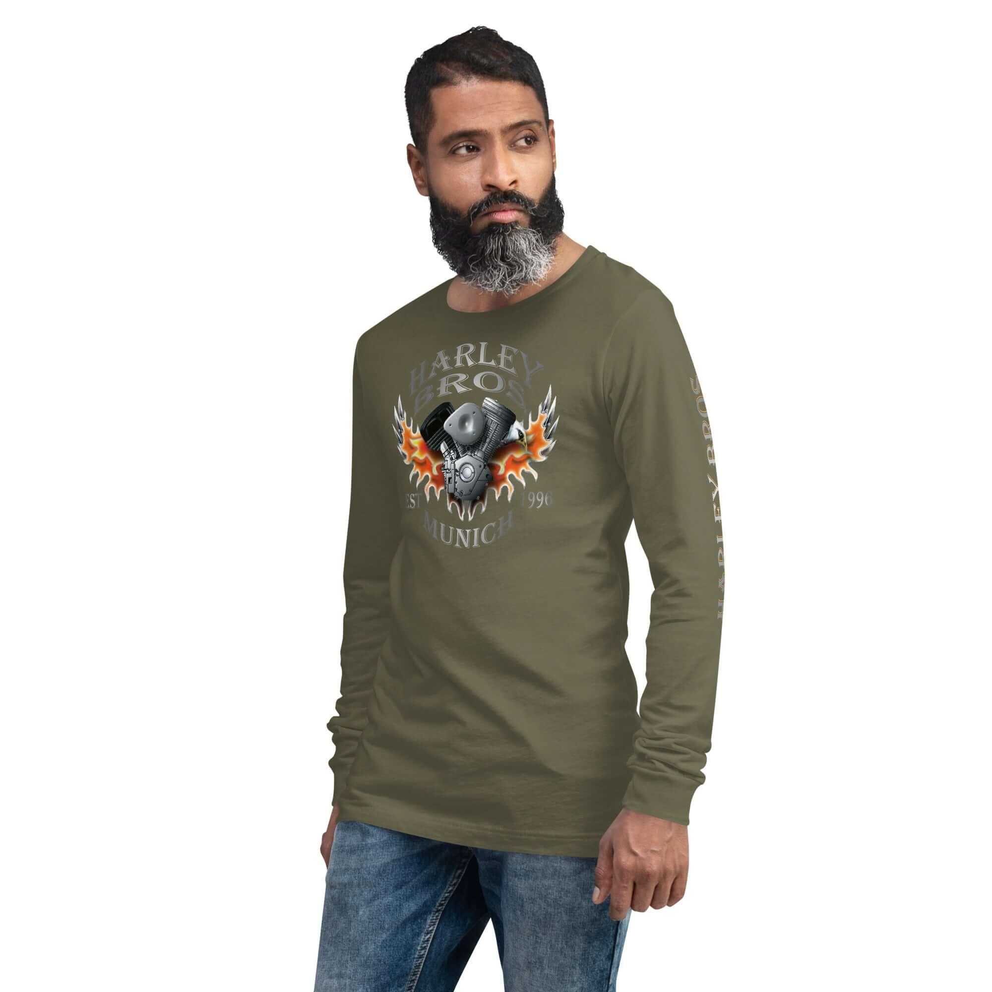 Unisex Langarmshirt Military Green mit Harley Bros München Motor-Print, Modellansicht