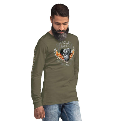 Unisex Langarmshirt Military Green, Motorrad-Print, Harley Bros, Modell Jeans, weißer Hintergrund