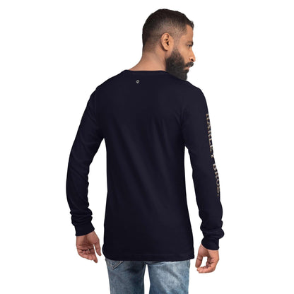 Rückansicht Unisex Langarmshirt navy, Aufdruck am Ärmel, Jeans, weißer Hintergrund