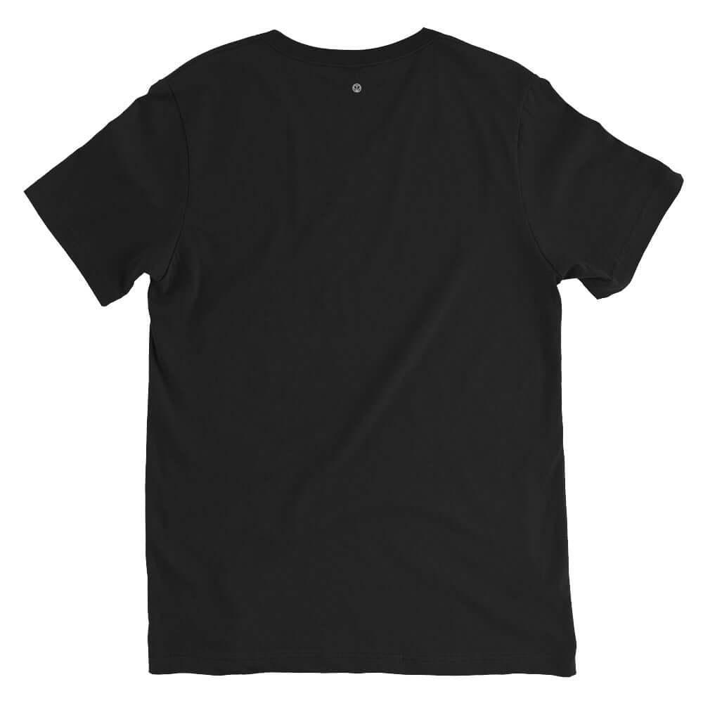 Unisex V-Ausschnitt T-Shirt in Schwarz, Rückseite, einfache Baumwoll-Optik