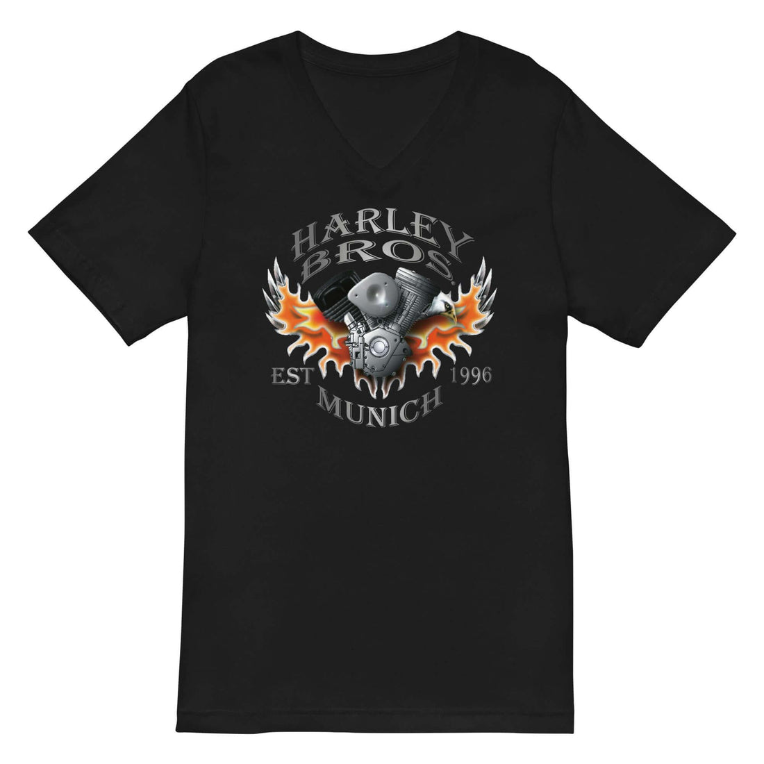 Schwarzes Unisex-V-Ausschnitt-T-Shirt mit Harley Bros Munich Flammen-Motordruck