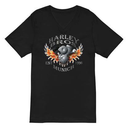 Schwarzes Unisex-V-Ausschnitt-T-Shirt mit Harley Bros Munich Flammen-Motordruck