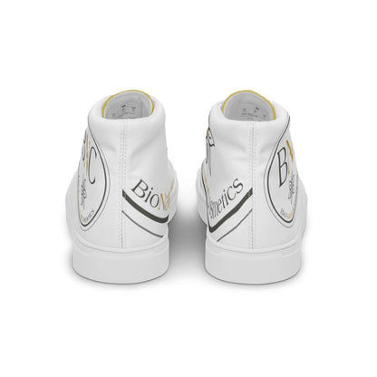 Weiße Damen High-Top Canvas Sneaker mit BioNatural Cosmetics Logo, Rückansicht auf weißem Hintergrund