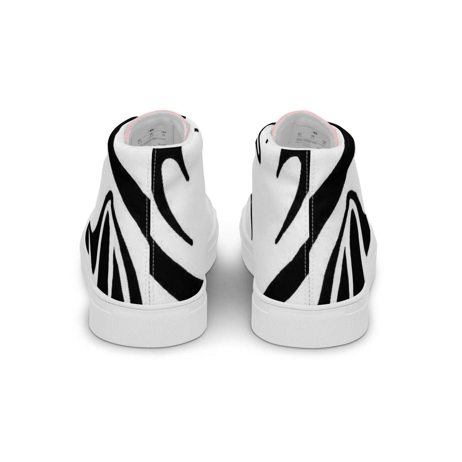 Weiße Damen High-Top-Sneaker aus Canvas mit schwarzem abstraktem Muster, Rückansicht