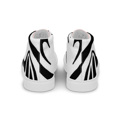 Weiße Damen High-Top-Sneaker aus Canvas mit schwarzem abstraktem Muster, Rückansicht