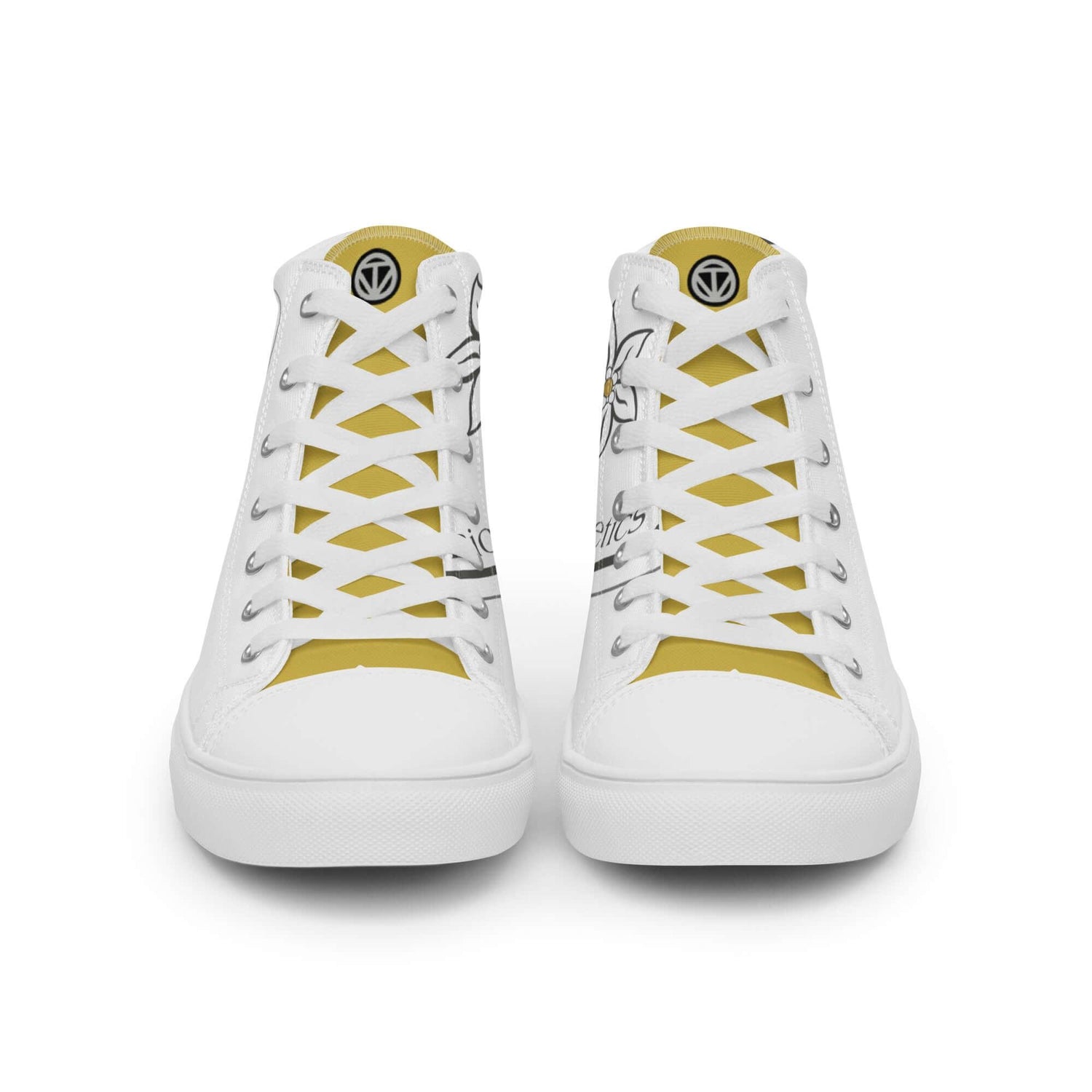 Weiße Damen High Top Canvas Sneaker mit gelb-weißer Zunge und floralem Muster, Vorderansicht