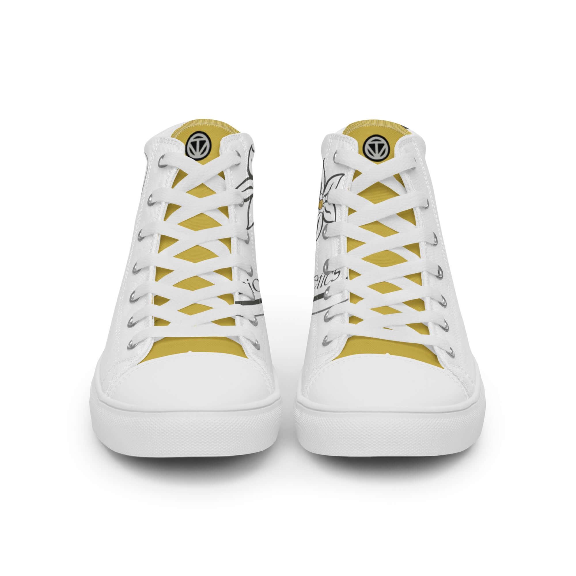 Weiße Damen High Top Canvas Sneaker mit gelb-weißer Zunge und floralem Muster, Vorderansicht