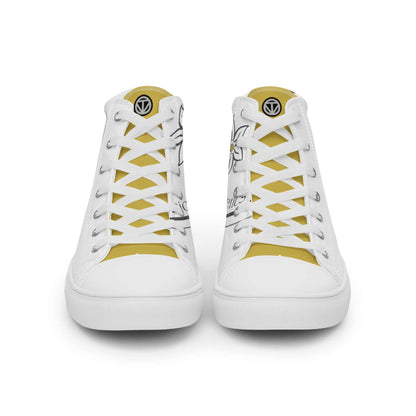 Weiße Damen High Top Canvas Sneaker mit gelb-weißer Zunge und floralem Muster, Vorderansicht