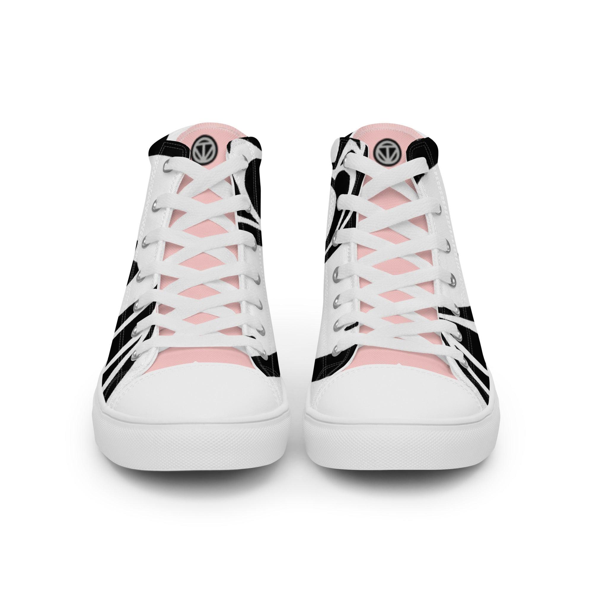 Weiße Damen Canvas High Top Sneaker mit rosa Zunge und schwarzem Muster, Vorderansicht