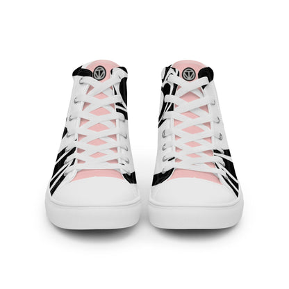 Weiße Damen Canvas High Top Sneaker mit rosa Zunge und schwarzem Muster, Vorderansicht