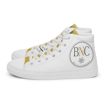 Weiße Damen High-Top Canvas-Schuhe mit gelben Akzenten und BNC BioNaturalCosmetics Logo