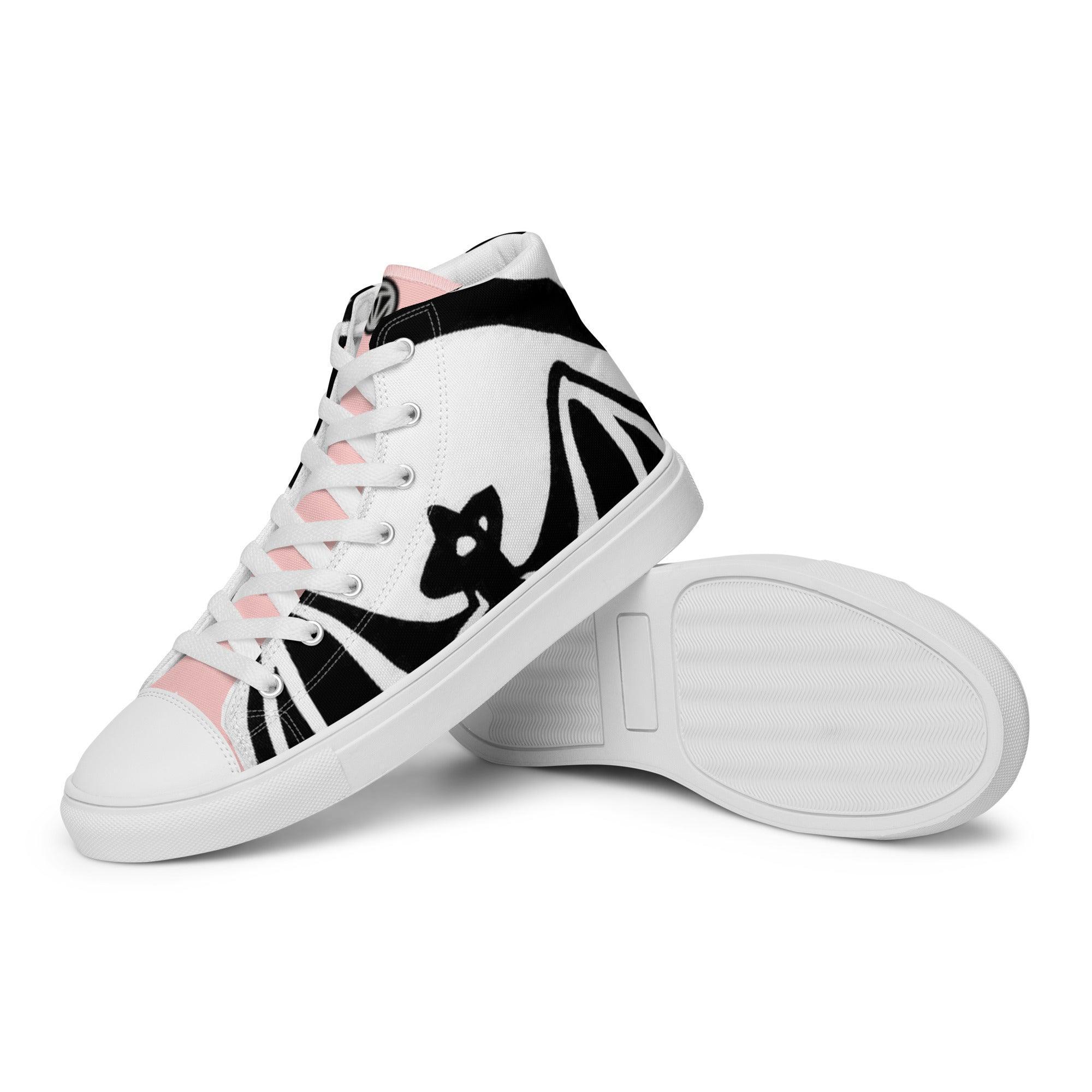 Weiße Damen High-Top Sneaker mit schwarz-rosa Grafikmuster auf weißem Hintergrund