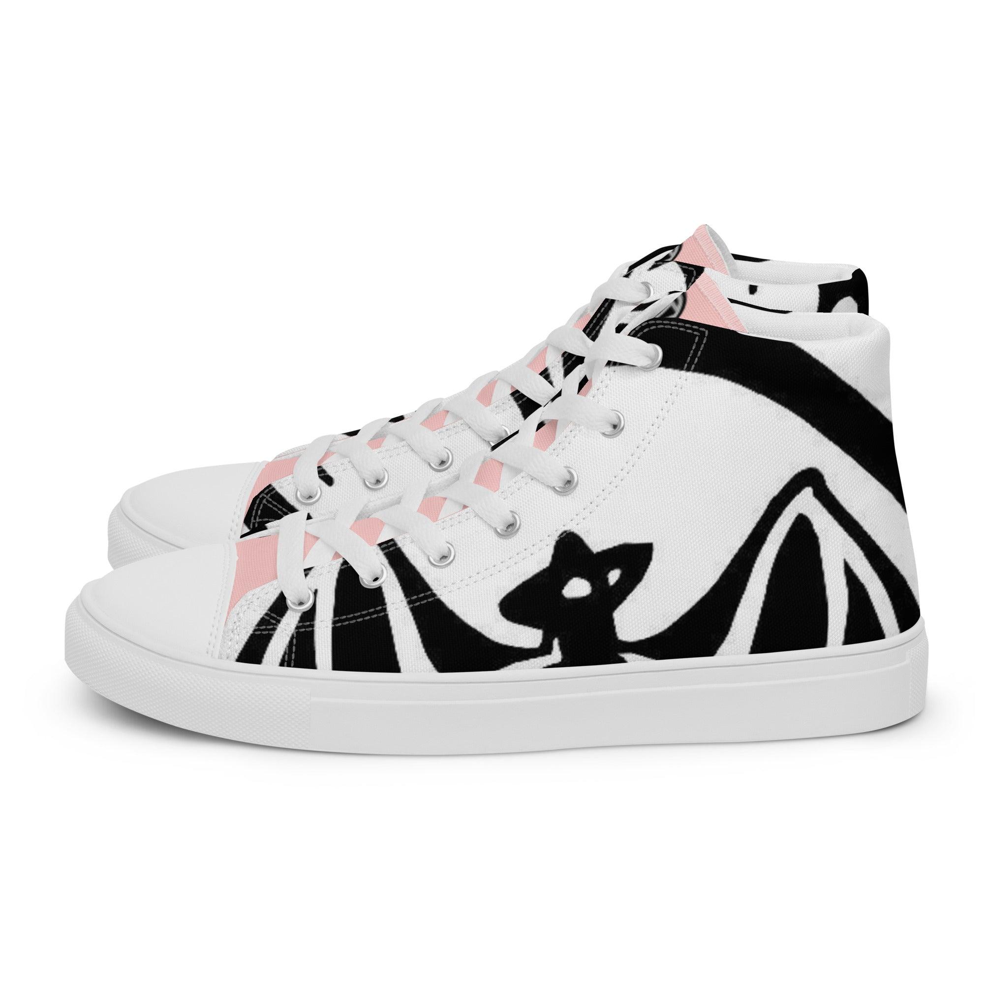 Weiße Damen High-Top-Sneaker mit schwarzem Grafikdruck und rosa Akzenten, Seitenansicht