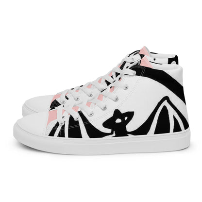 Weiße Damen High-Top-Sneaker mit schwarzem Grafikdruck und rosa Akzenten, Seitenansicht