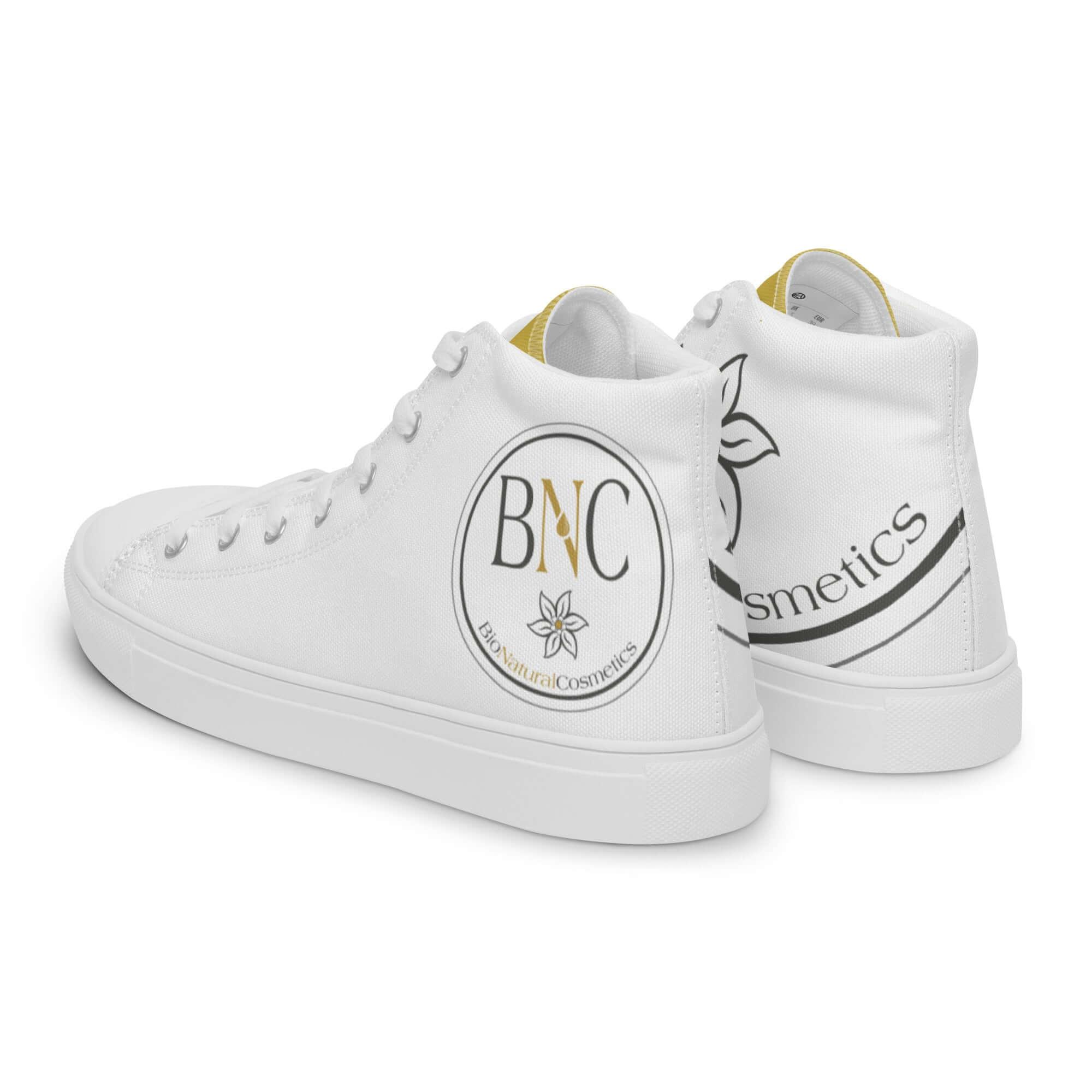 Weiße High-Top-Damenschuhe aus Canvas mit BioNatural Cosmetics Logo, Rückansicht