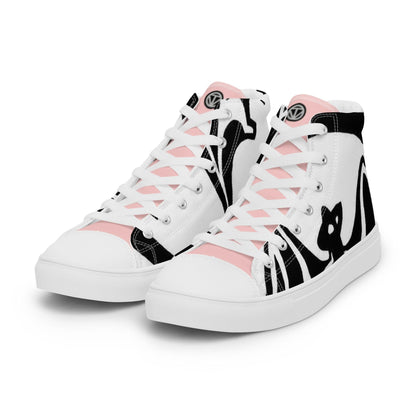 Damen High-Top Canvas Sneaker weiß mit rosa und schwarzem Katzenmotiv Design
