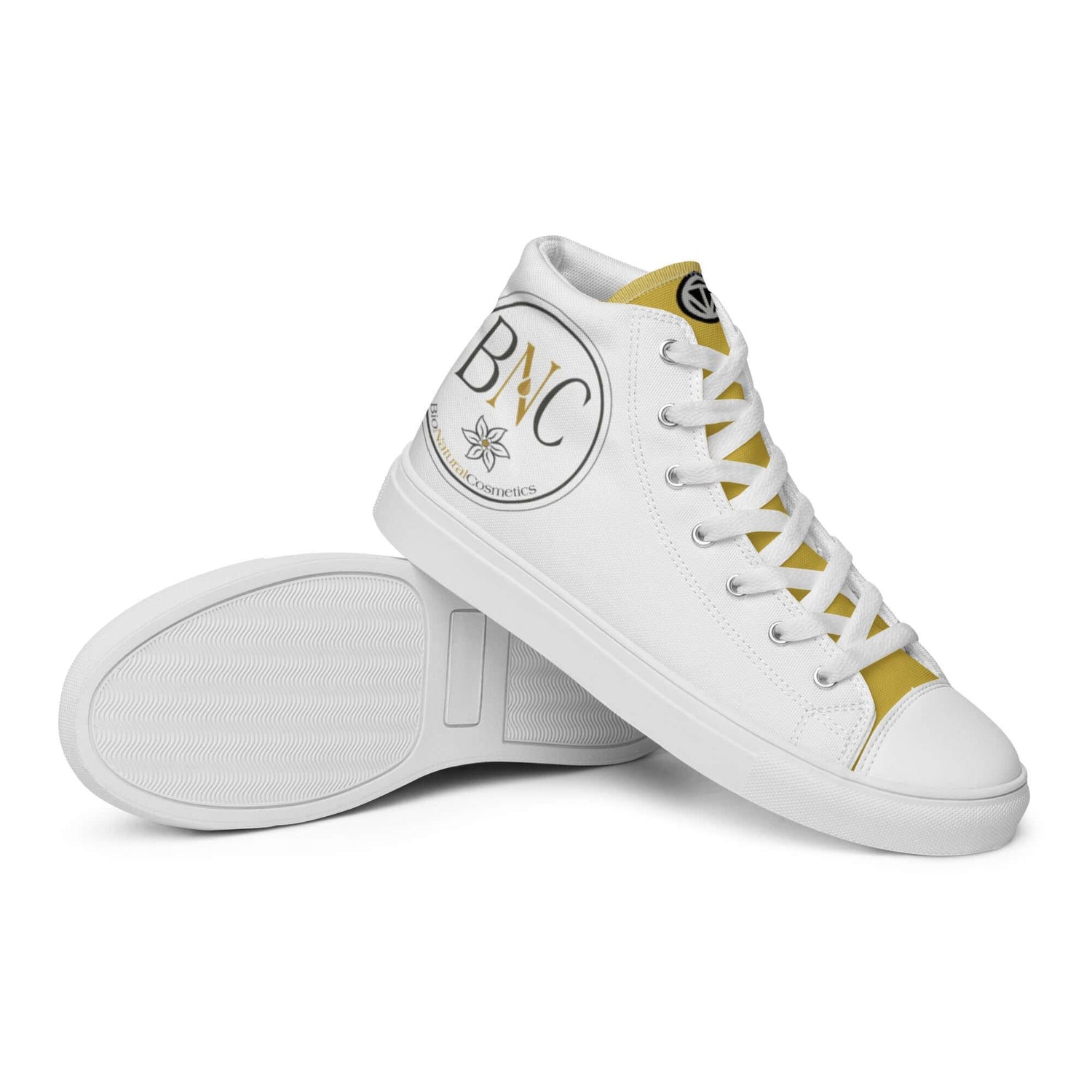Weiße Damen High-Top Sneaker mit BNC-Logo, gelbem Akzentstreifen und flacher Sohle