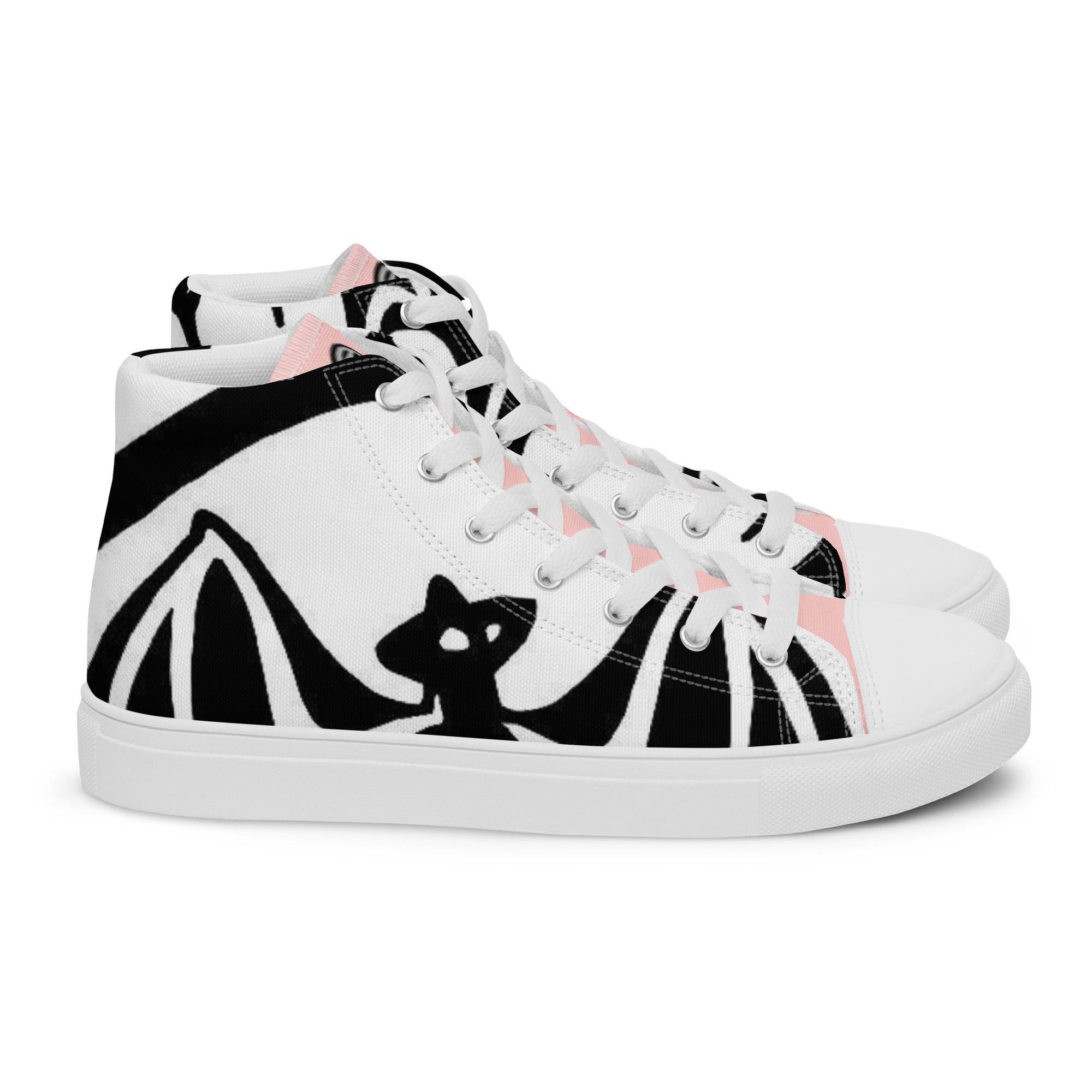 Weiße Damen High-Top Sneakers mit schwarzem Fledermaus-Design und rosa Akzenten