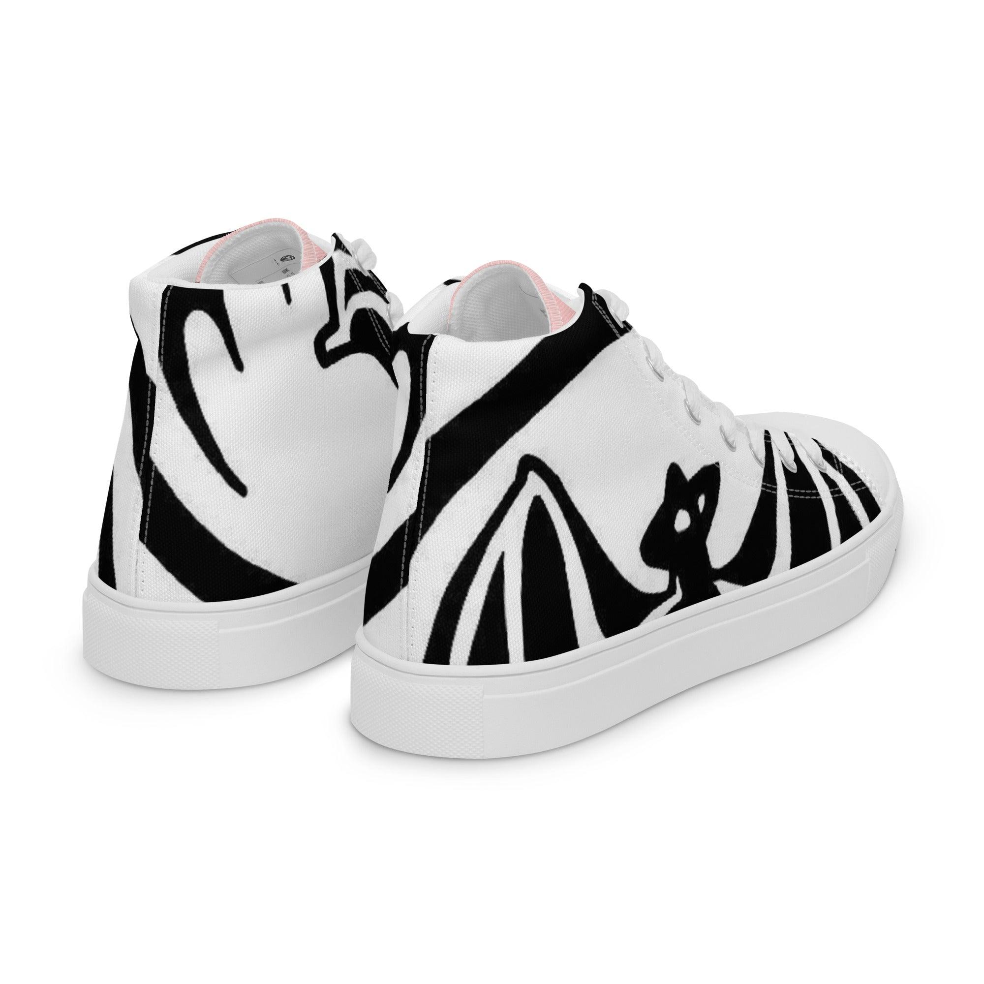 Weiße Damen-High-Top-Canvas-Schuhe mit schwarzem abstraktem Grafikmuster, Rückansicht