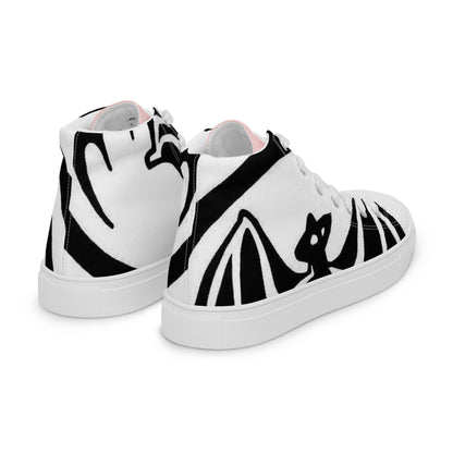 Weiße Damen-High-Top-Canvas-Schuhe mit schwarzem abstraktem Grafikmuster, Rückansicht