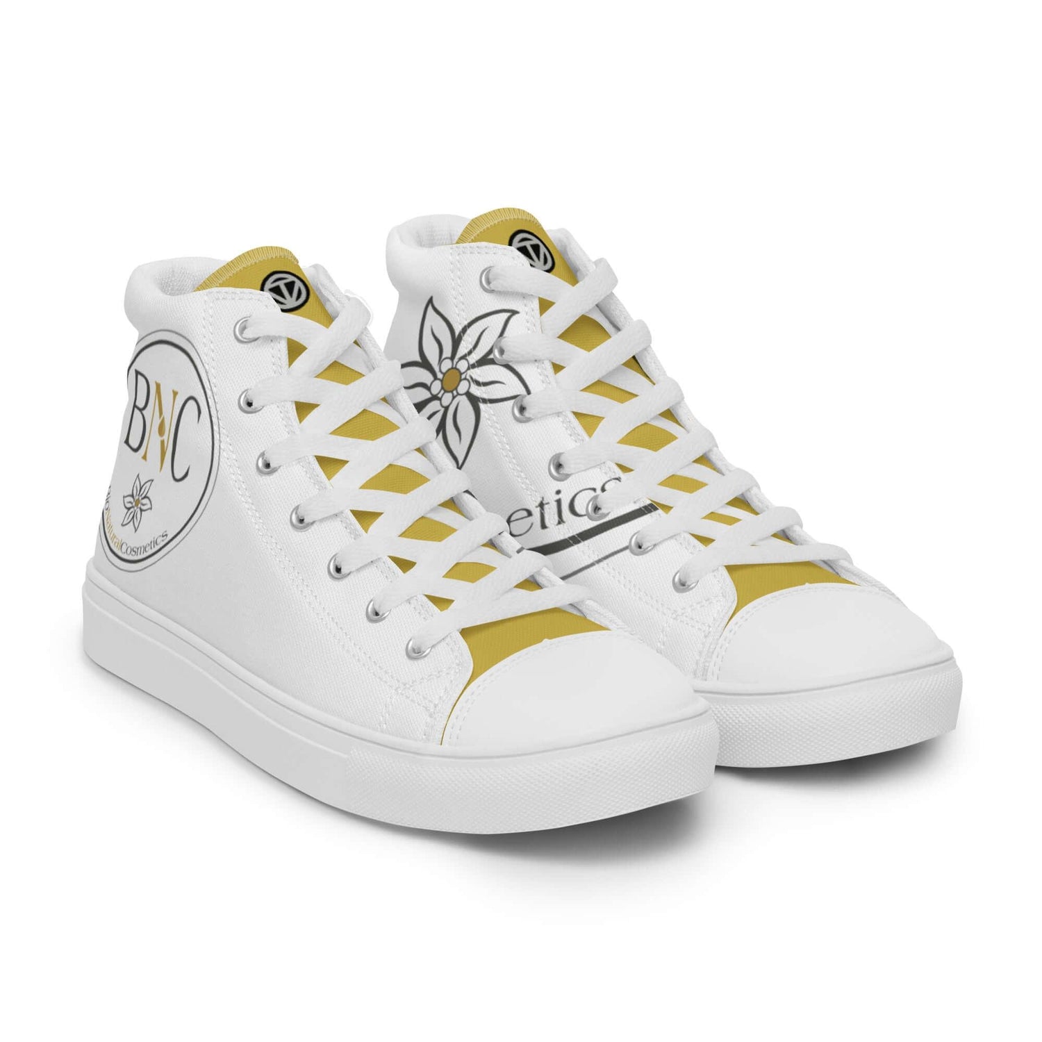 Weiße Damen-High-Top-Sneaker mit gelben Akzenten, Blumendesign und BNC-Logo.