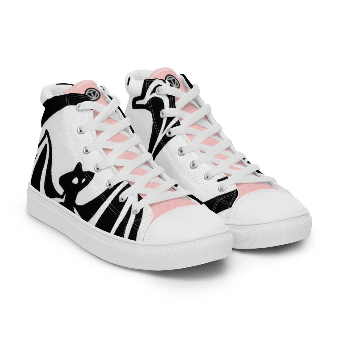 Weiße Damen High-Top-Sneaker mit schwarzem Katzenmotiv und rosa Akzenten auf der Seite.